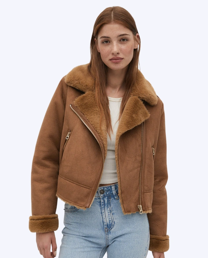 Suni Kürklü Suni Süet Crop Biker Ceket